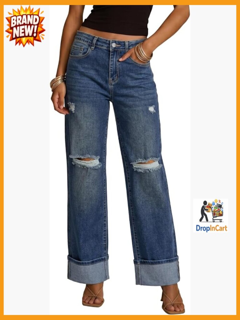 High Waisted Wide Leg Jeans Stretchy Ripped Denim Pants 90s Baggy Straight